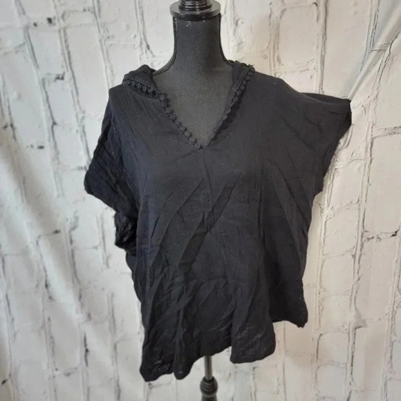 Black Oversized Fit‎ 100% Cotton Tunic Top with Hood Crochet details Raw Hem L - Picture 1 of 8